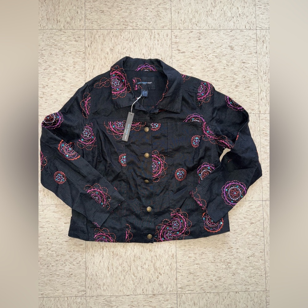 Saint Tropez West Black Jean Jacket with Pink Embroidery 100% linen